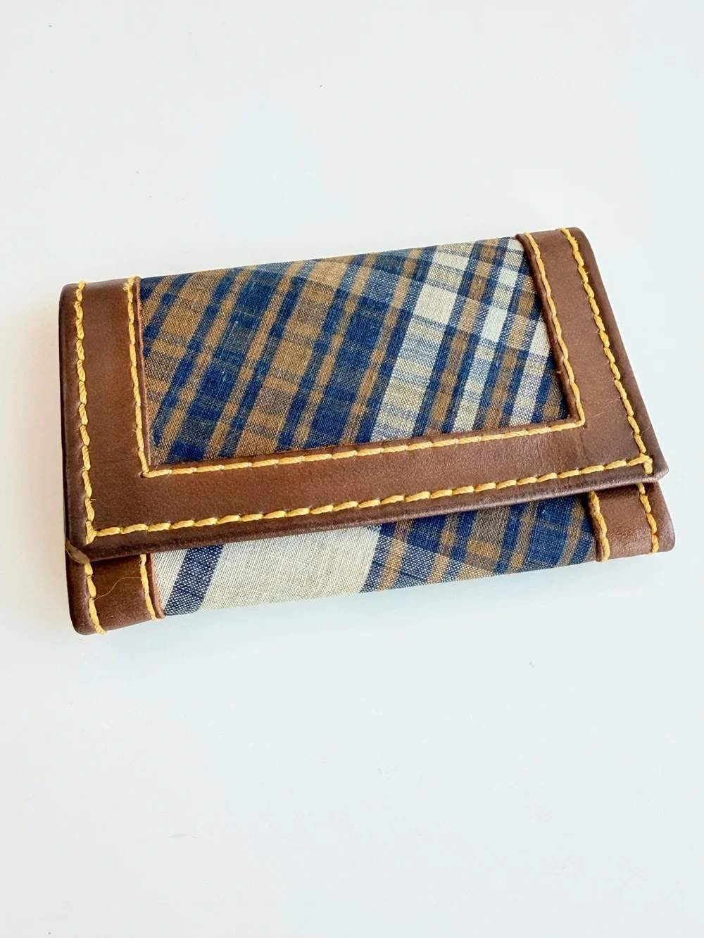 Canterbury Vintage 1980s Navy Plaid Key Holder Brown Leather Yellow Stitch Prepp